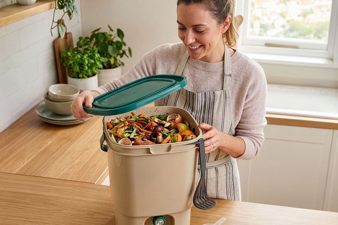 Dame på kjøkken med bokashi-bøtte